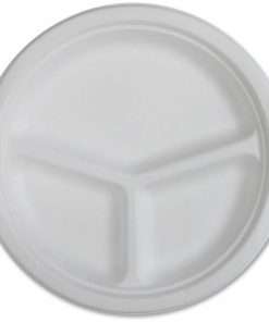 Genuine Joe 3-compartment Disposable Plates - 50 / Pack - Disposable - White - Sugarcane Body - 500 / Carton