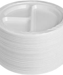 Genuine Joe Round Divided Plates - 125 / Pack - Disposable - White - Plastic Body - 500 / Carton
