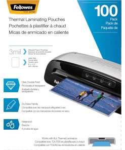 Fellowes Letter-Size Thermal Laminating Pouches - Sheet Size Supported: Letter 8.50" Width x 11" Length - Laminating Pouch/Sheet Size: 9" Width x 11.50" Length x 3 mil Thickness - Glossy - for Document - Durable, Photo-safe, Erasable, Water Proof - Clear - 100 / Pack