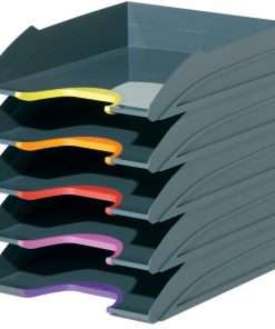 DURABLE&reg; VARICOLOR&reg; Stackable 5 Letter Trays - 10-1/2" W x 13-1/4" H x 13-1/4" HD- Color Labeled - Multi / Charcoal - Set of 5