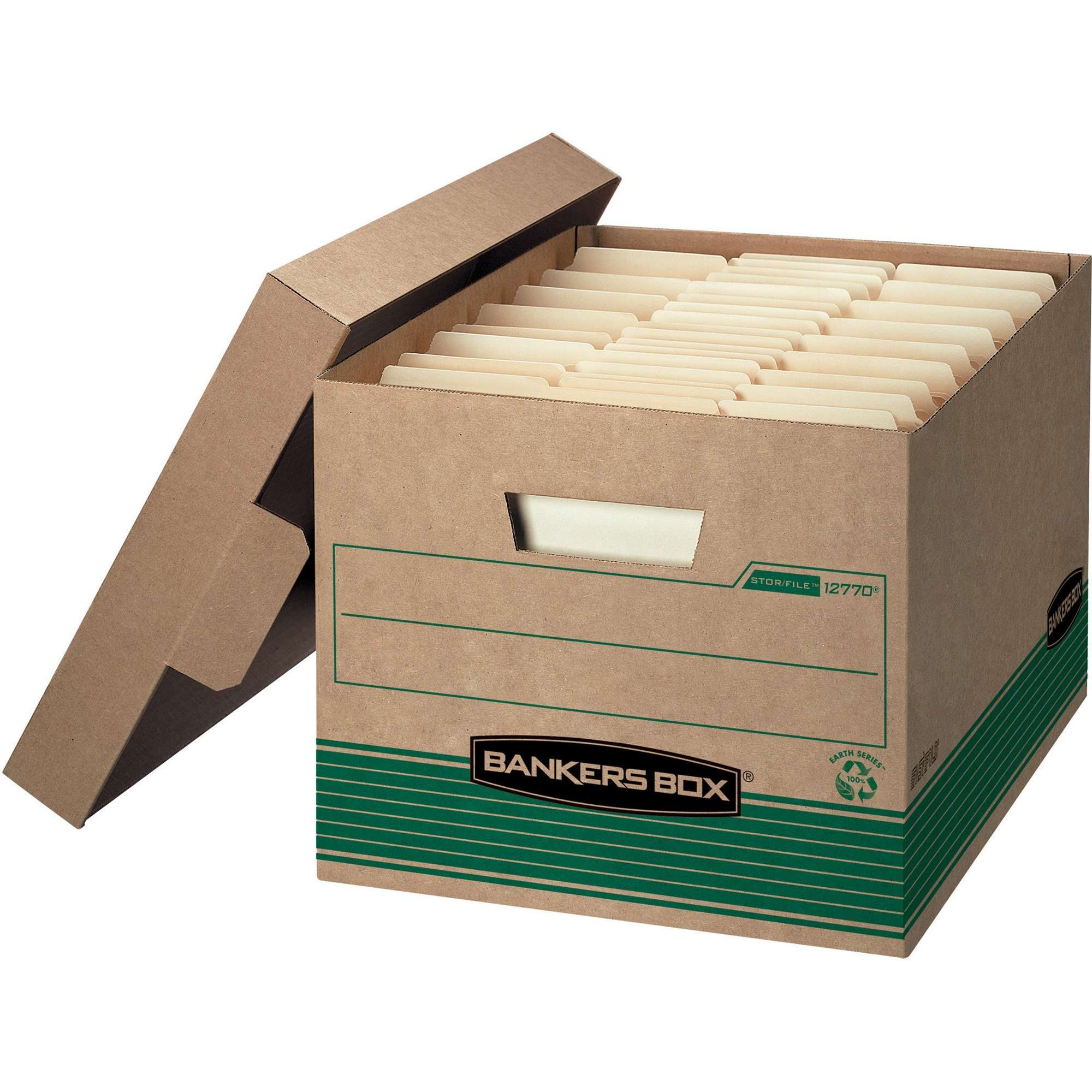 Bankers Box STOR/FILE Recycled File Storage Box - Internal Dimensions: 12" Width x 15" Depth x 10" Height - External Dimensions: 12.5" Width x 16.3" Depth x 10.5" Height - Media Size Supported: Legal, Letter - Lift-off Closure - Medium Duty - Single/Double/Double Bottom Wall - Stackable - Kraft, Green - Recycled - 20 / Carton