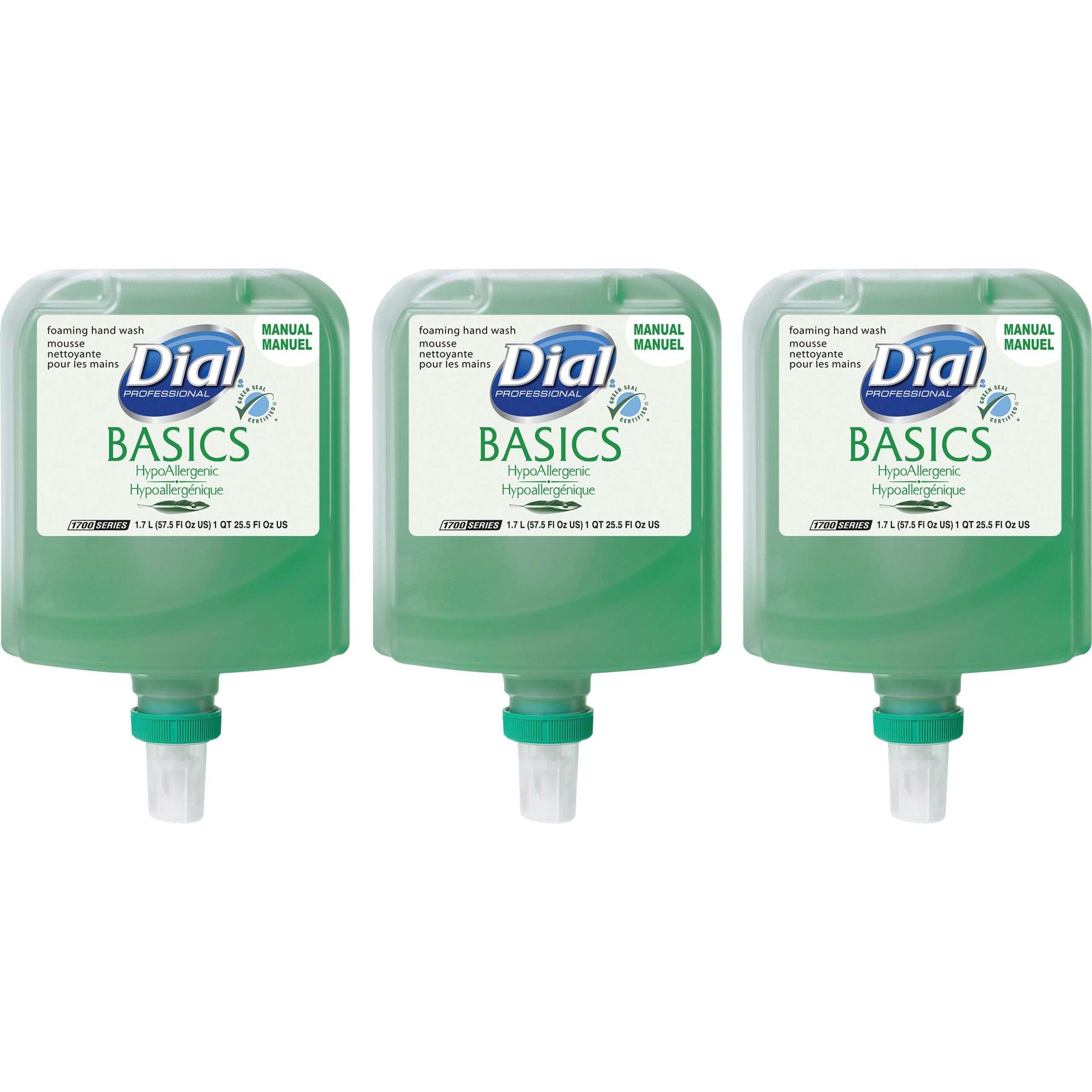 Dial Professional Basics HypoAllergenic Foaming Hand Wash - 57.5 fl oz (1700 mL) - Hand, Healthcare, School, Office, Restaurant, Daycare - Green - 3 / Carton