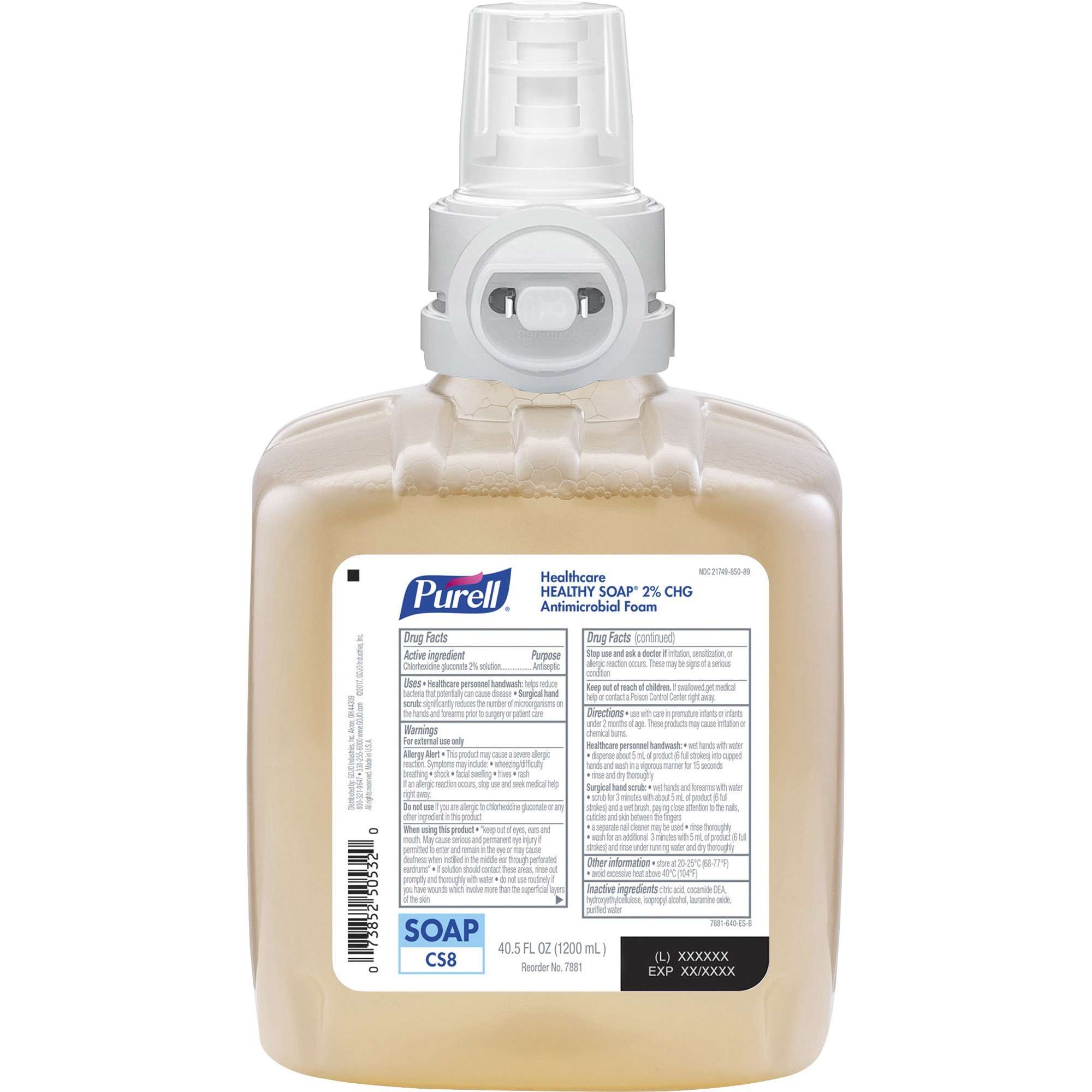 PURELL® CS8 Health Soap CHG Antimicrobial Foam - 40.6 fl oz (1200 mL) - Kill Germs, Bacteria Remover - Hand, Hospital, Healthcare, Skin - Non-irritating, Dye-free, Fragrance-free, Hygienic, Rich Lather - 2 / Carton