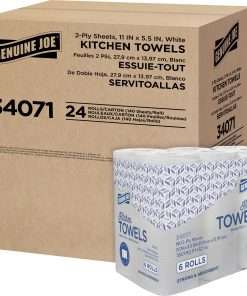 Genuine Joe Kitchen Paper Towels - 2 Ply - 140 Sheets/Roll - White - Perforated, Soft, Absorbent - For Kitchen, Breakroom, Hand - 6 Rolls Per Container - 4 / Carton