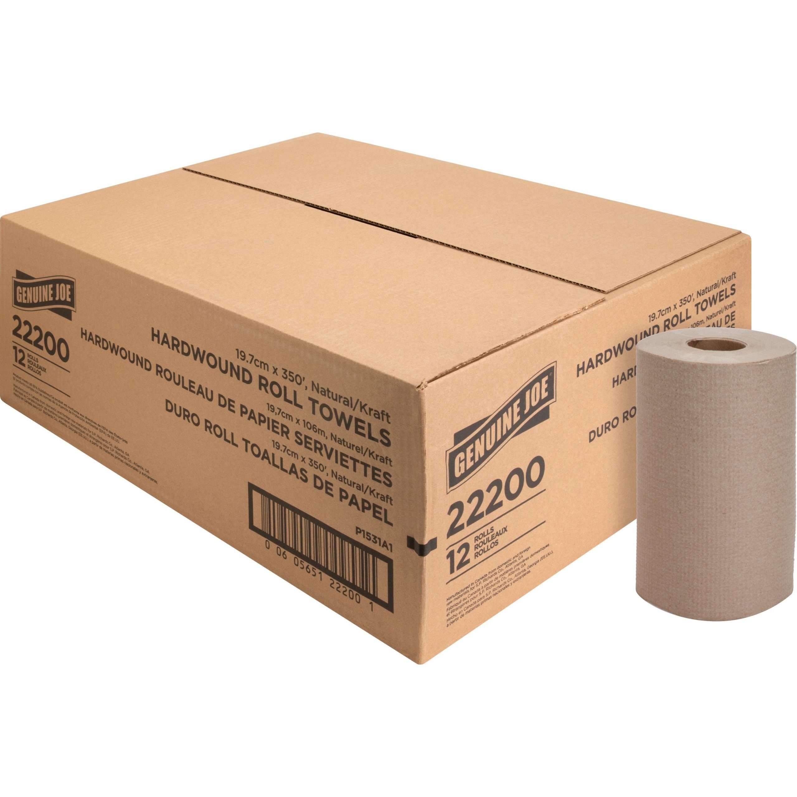 Genuine Joe Embossed Hardwound Roll Towels - 7.88" x 350 ft - Natural - Absorbent, Embossed - For Restroom - 12 / Carton