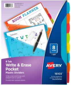 Avery® Write & Erase 8-Tab Plastic Dividers, Pockets, Brights (16103)