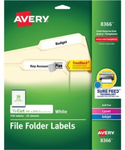 Avery&reg; File Folder Labels - Permanent Adhesive - Rectangle - Laser, Inkjet - White - Paper - 30 / Sheet - 25 Total Sheets - 750 Total Label(s) - 750 / Pack