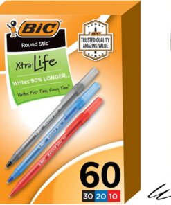 BIC Round Stic Xtra Life Ball Point Pen, Assorted, 60 Pack