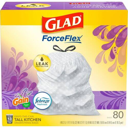 Glad ForceFlex Tall Kitchen Drawstring Trash Bags Lavendar