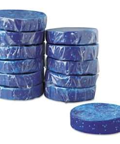 two stacks of blue deodorizer pucks