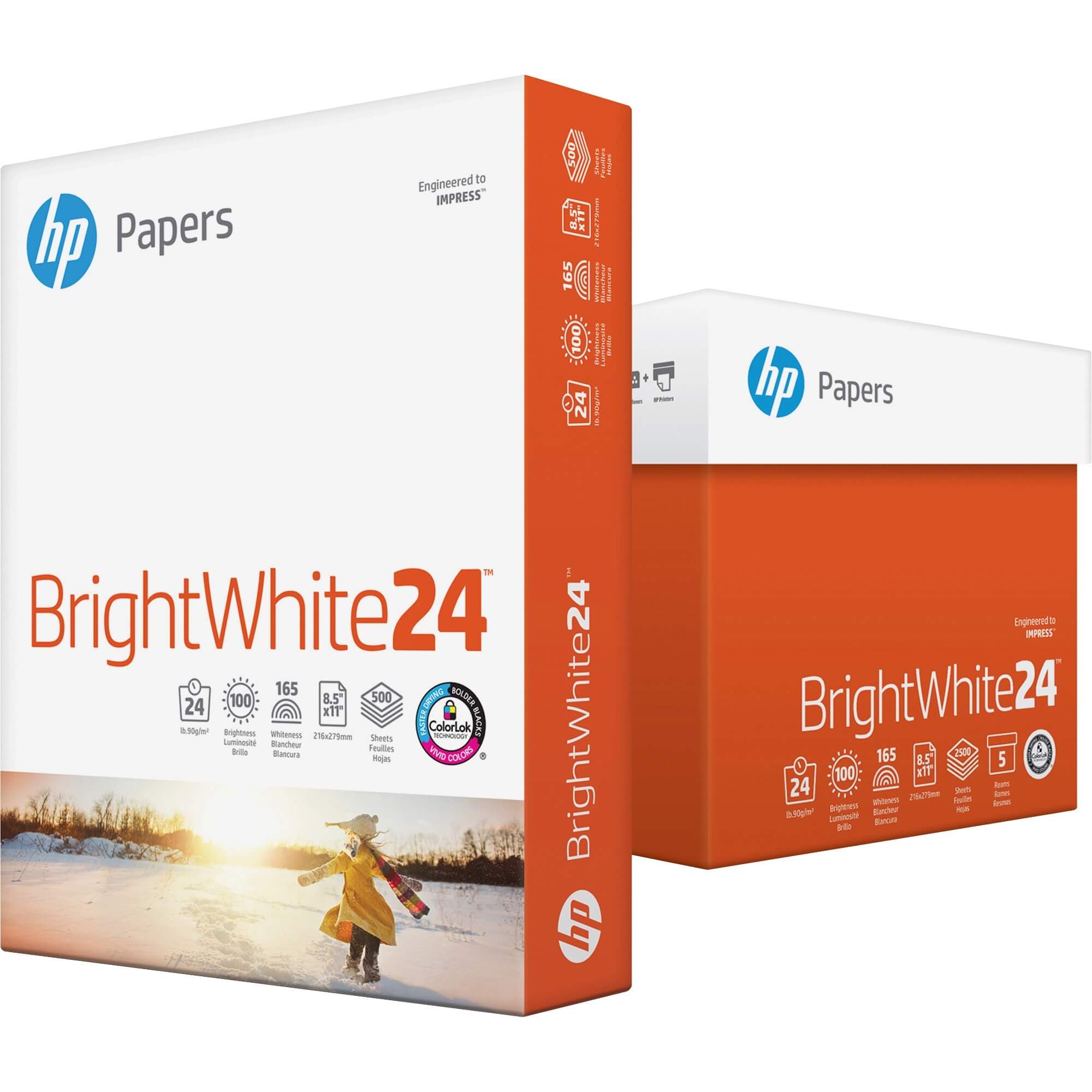 HP Papers BrightWhite24 Office Paper - White - 100 Brightness - Letter - 8 1/2" x 11" - 24 lb Basis Weight - 500 / Ream - FSC - Quick Drying, Smear Resistant