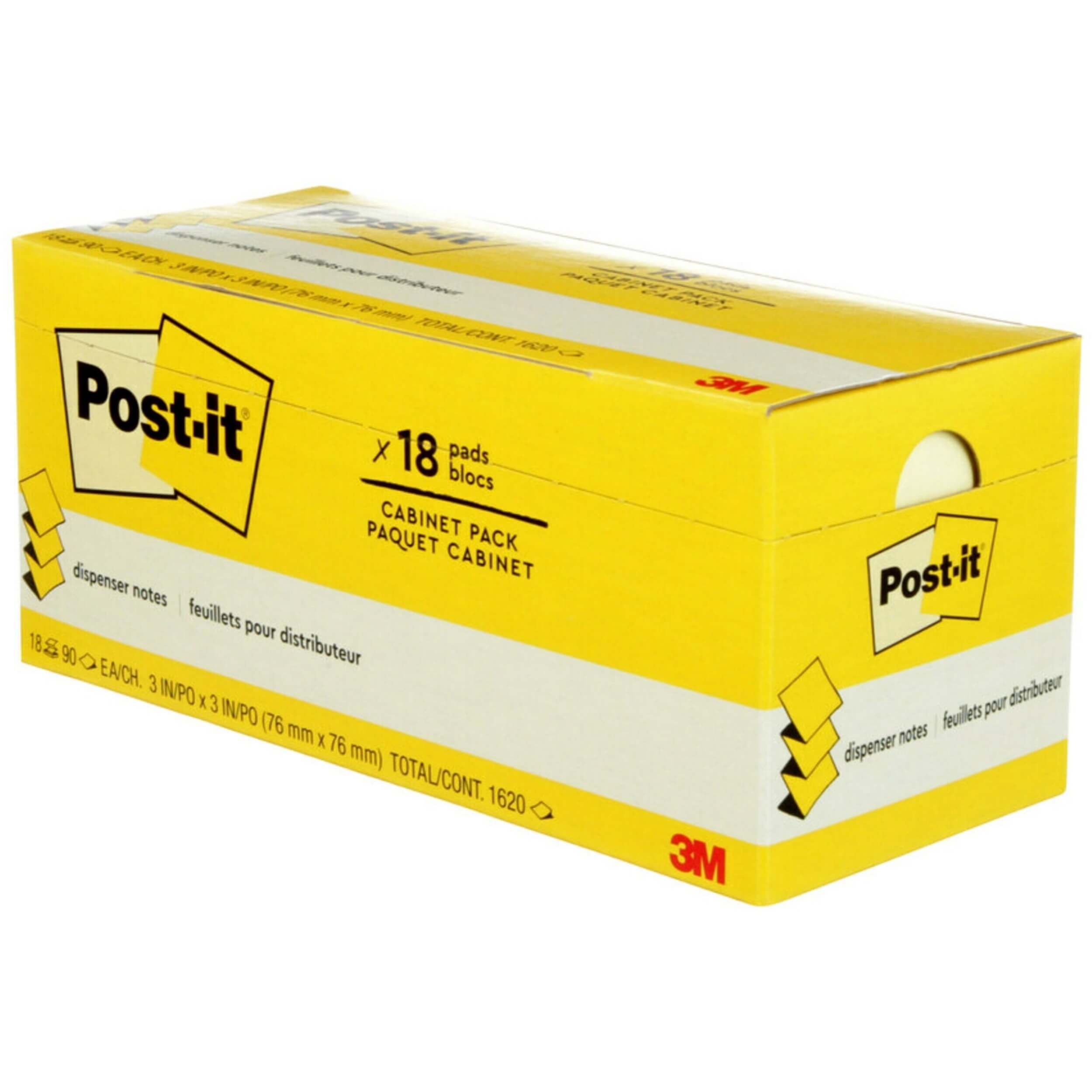 Post-it® Dispenser Notes - 1620 - 3" x 3" - Square - 90 Sheets per Pad - Unruled - Canary Yellow - Paper - Self-adhesive, Removable - 18 / Pack