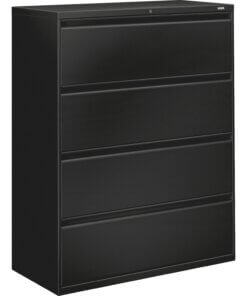 HON 800 Series Full-Pull Locking Lateral File - 4-Drawer - 42" x 19.3" x 53.3" - 4 x Drawer(s) for File - Legal, Letter, A4 - Lateral - Ball-bearing Suspension, Locking System, Hanging Rail, Adjustable Drawer Glide, Tamper Resistant, Welded, Recessed Handle - Black - Baked Enamel - Recycled