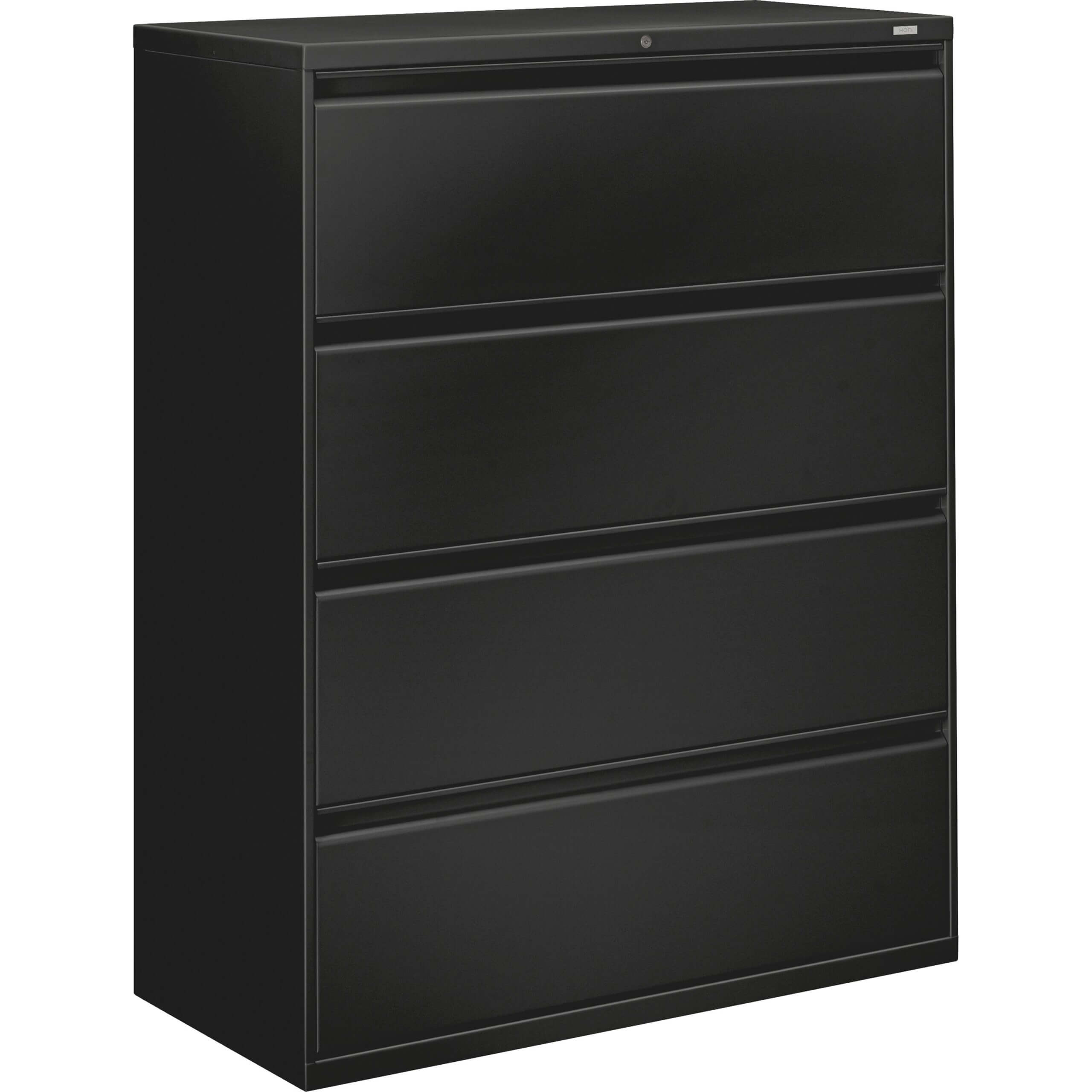 HON 800 Series Full-Pull Locking Lateral File - 4-Drawer - 42" x 19.3" x 53.3" - 4 x Drawer(s) for File - Legal, Letter, A4 - Lateral - Ball-bearing Suspension, Locking System, Hanging Rail, Adjustable Drawer Glide, Tamper Resistant, Welded, Recessed Handle - Black - Baked Enamel - Recycled
