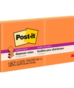 Post-it&reg; Super Sticky Dispenser Notes - Energy Boost Color Collection - 540 - 3" x 3" - Square - 90 Sheets per Pad - Unruled - Vital Orange, Tropical Pink, Sunnyside - Paper - Self-adhesive, Repositionable - 6 / Pack