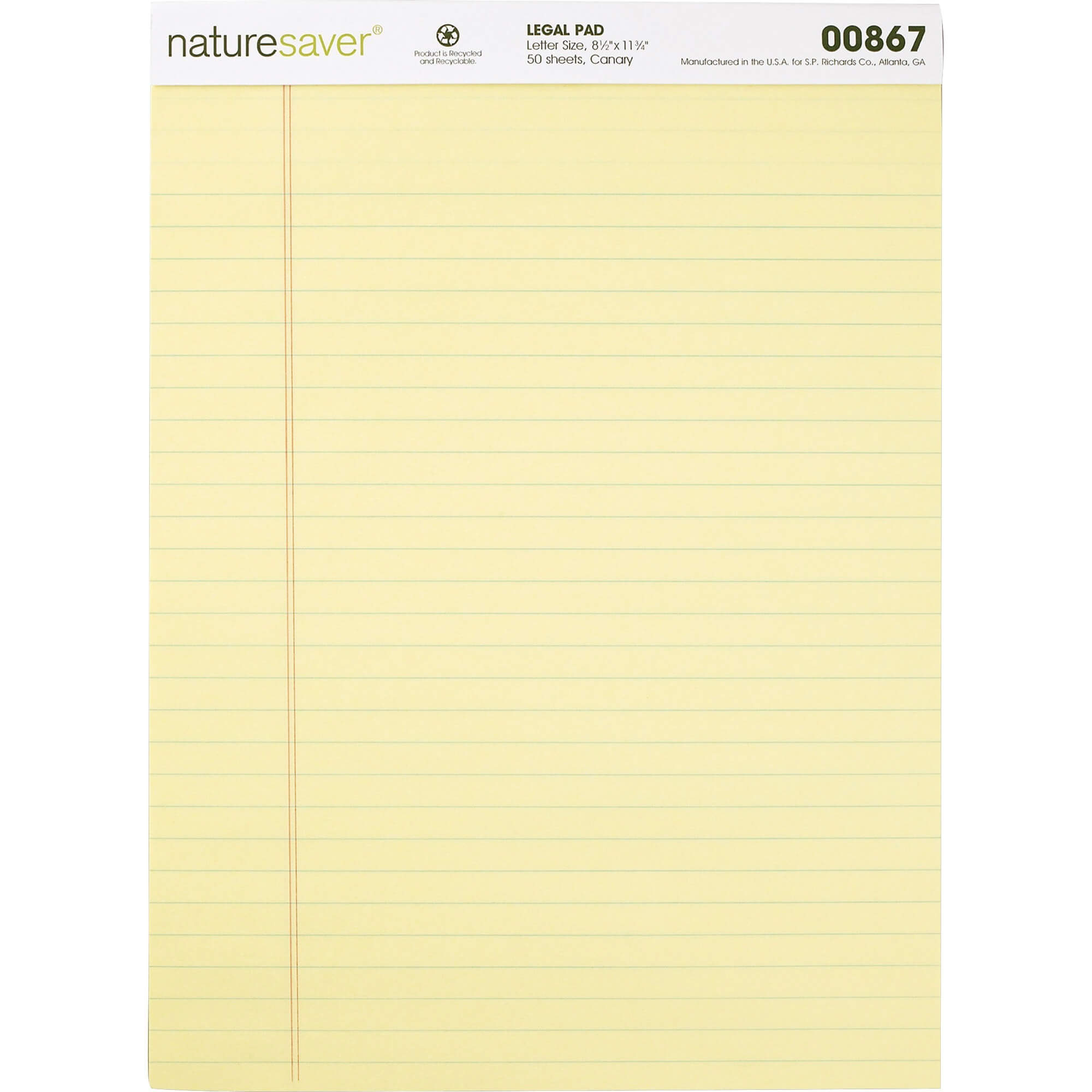 Nature Saver 100% Recycled Canary Legal Ruled Pads - 50 Sheets - 0.34" Ruled - 15 lb Basis Weight - 8 1/2" x 11 3/4" - Canary Paper - Perforated, Stiff-back, Back Board, Easy Tear - Recycled - 1 Dozen