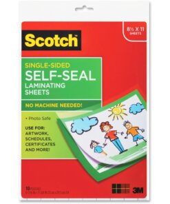 Scotch Self-Seal Laminating Pouches - Sheet Size Supported: Letter 8.50" Width x 11" Length x 9.6 mil Thickness - Laminating Pouch/Sheet Size: 9" Width x 12" Length x 6 mil Thickness - Glossy - for Document, Schedule, Presentation, Phone List, Certificate, Sign, Award, Calendar, Artwork - Acid-free, Photo-safe, Self-sealing - Clear - 10 / Pack