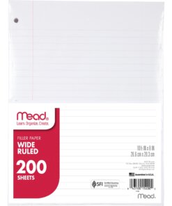 Mead 3-Hole Punched Wide-ruled Filler Paper - 200 Sheets - Ruled Red Margin - 8" x 10 1/2" - White Paper - 1 / Pack
