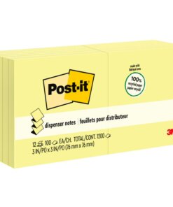Post-it&reg; Greener Dispenser Notes - 1200 - 3" x 3" - Square - 100 Sheets per Pad - Unruled - Yellow - Paper - Self-adhesive, Repositionable, Non-smearing - 12 / Pack