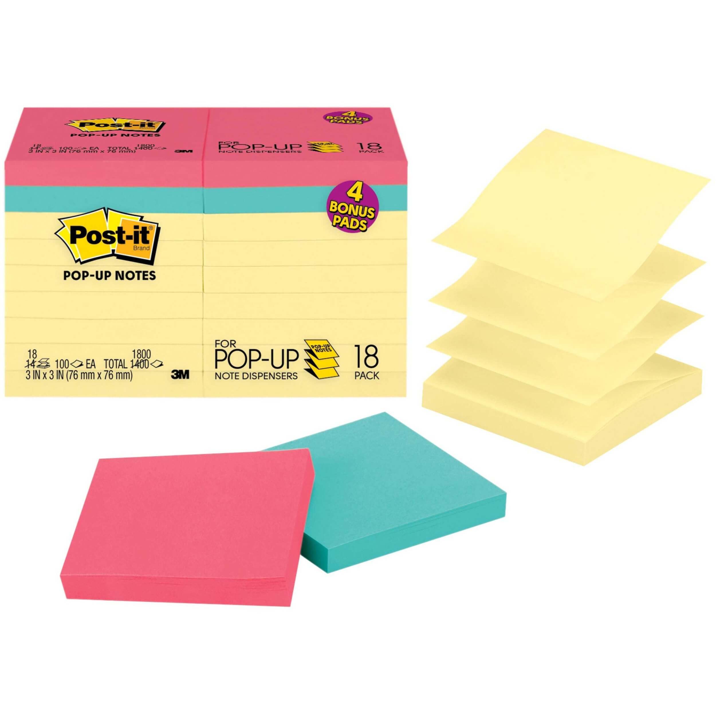Post-it® Dispenser Notes - Assorted Colors - 1800 - 3" x 3" - Square - 100 Sheets per Pad - Unruled - Pink, Blue, Yellow - Paper - Pop-up, Self-adhesive, Repositionable - 18 / Pack