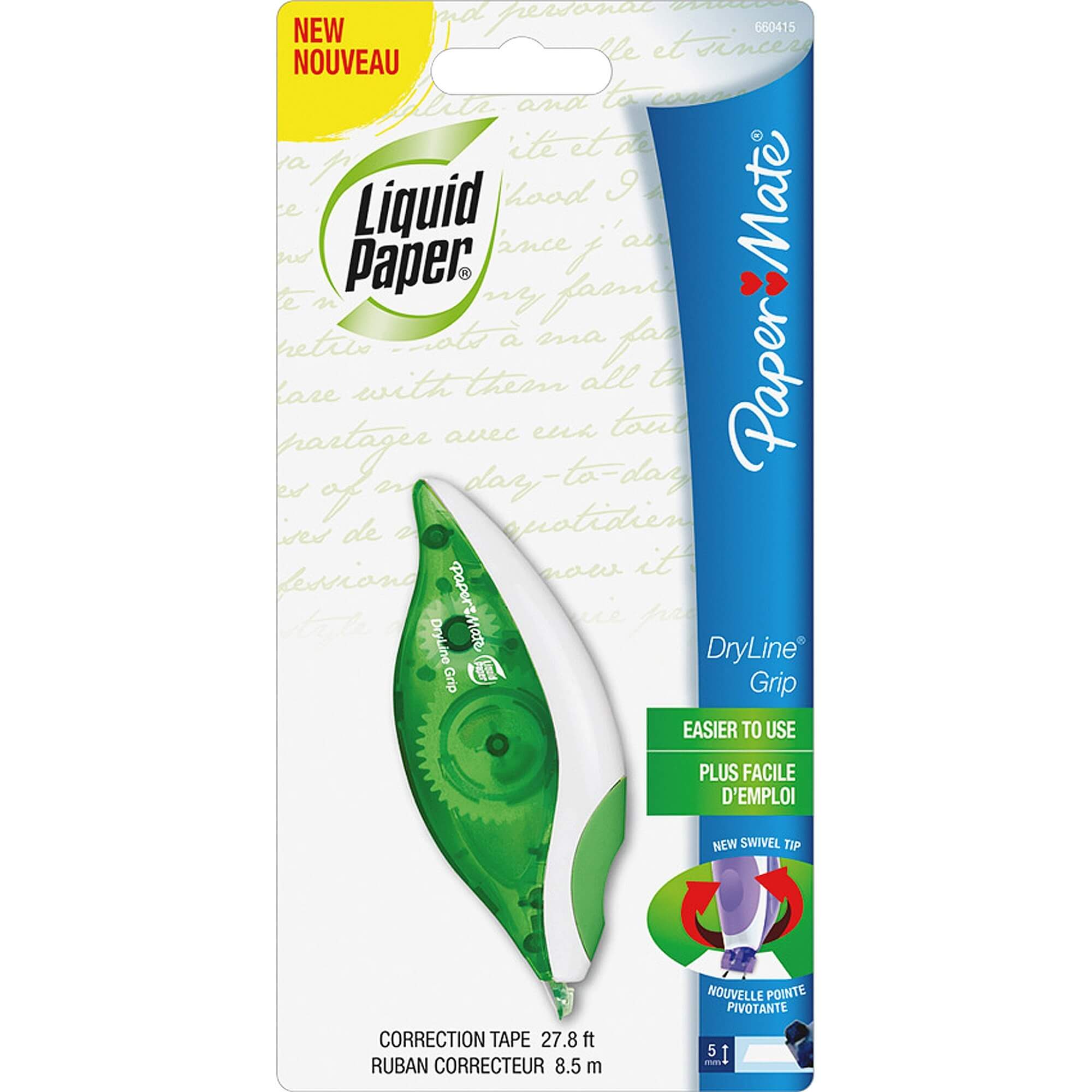 Paper Mate DryLine Grip Correction Tape - 0.20" Width x 27.90 ft Length - 1 Line(s) - White Tape - Ergonomic White Dispenser - Tear Resistant, Comfortable Grip, Swivel Tip, Disposable - 1 Each - White
