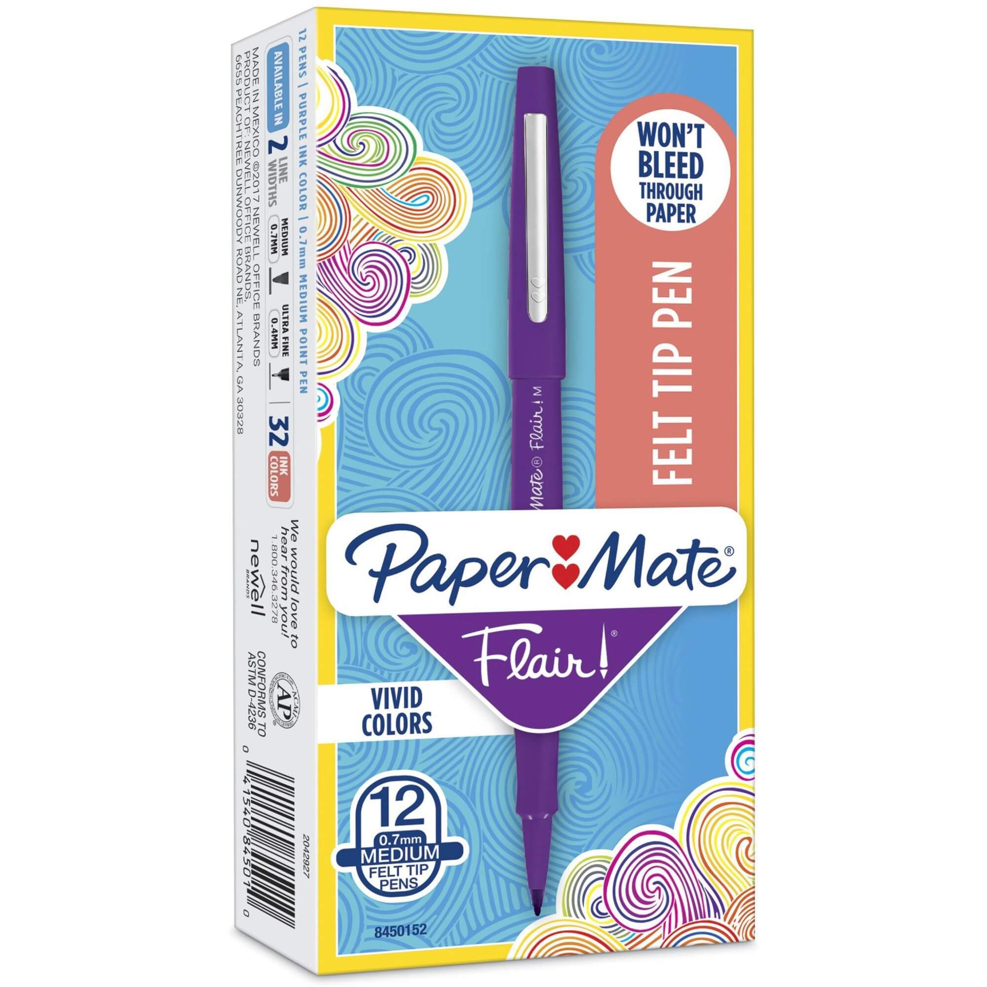 Paper Mate Flair Point Guard Felt Tip Marker Pens - Medium Pen Point - Purple Water Based Ink - Purple Barrel - 1 Dozen