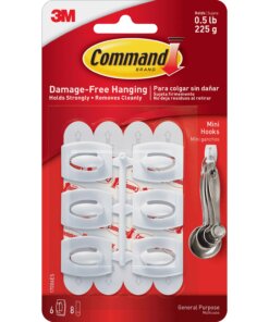 Command Mini White Hooks with White Strips - 6 Small Hook - 8 oz (226.8 g) Capacity - Plastic - White - 6 / Pack