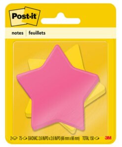 Post-it&reg; Super Sticky Die-Cut Notes - 150 - 3" x 3" - Star - 75 Sheets per Pad - Unruled - Yellow, Pink - Self-adhesive - 2 / Pack