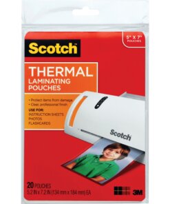 Scotch Thermal Laminating Pouches - Sheet Size Supported: 5" Width x 7" Length - Laminating Pouch/Sheet Size: 5.20" Width x 7.20" Length x 5 mil Thickness - Glossy - for Photo, Document, Lists, Card, Recipe, Artwork - Photo-safe, Double Sided - Clear - 20 / Pack