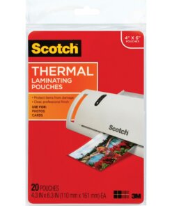 Scotch Thermal Laminating Pouches - Sheet Size Supported: 4" Width x 6" Length - Laminating Pouch/Sheet Size: 4.30" Width x 6.30" Length x 5 mil Thickness - Glossy - for Photo, Document, Lists, Card, Recipe, Artwork - Photo-safe, Double Sided - Clear - 20 / Pack