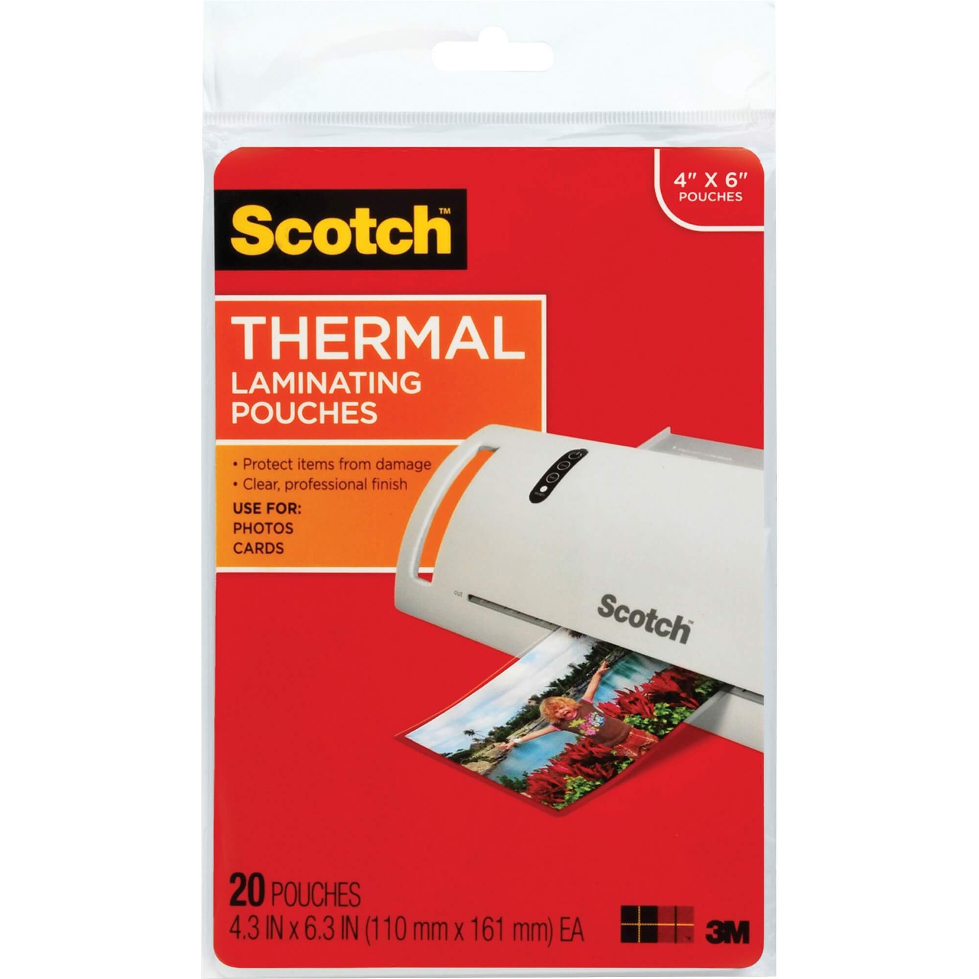 Scotch Thermal Laminating Pouches - Sheet Size Supported: 4" Width x 6" Length - Laminating Pouch/Sheet Size: 4.30" Width x 6.30" Length x 5 mil Thickness - Glossy - for Photo, Document, Lists, Card, Recipe, Artwork - Photo-safe, Double Sided - Clear - 20 / Pack