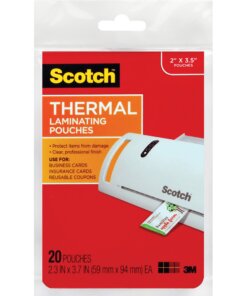 Scotch Thermal Laminating Pouches - Laminating Pouch/Sheet Size: 2.30" Width x 3.70" Length x 5 mil Thickness - Glossy - for Photo, Document, Business Card, Lists, Coupon, Punch Card - Double Sided, Photo-safe - Clear - 20 / Pack