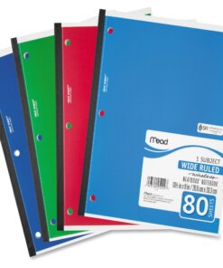 Mead 05222 1-Subject Wireless Notebook - 80 Sheets - Ruled Margin - 8" x 10 1/2" - White Paper - Green, Blue, Red, Light Blue Cover - Perforated - 1 Each