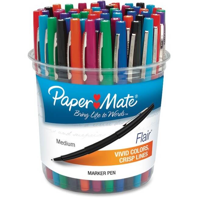 Paper Mate Flair - Medium Pen Point - Black, Purple, Blue, Red, Green, Orange, Magenta, Turquoise, Lime Water Based Ink - 48 / Canister