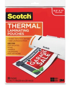 Scotch Thermal Laminating Pouches - Sheet Size Supported: Letter 8.50" Width x 11" Length x 3 mil Thickness - Laminating Pouch/Sheet Size: 9" Width x 11.50" Length x 3 mil Thickness - Glossy - for Document, Schedule, Presentation, Phone List, Certificate, Sign, Award, Calendar, Artwork - Photo-safe, Double Sided - Clear - 20 / Pack