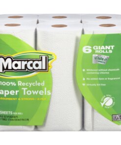Marcal 100% Recycled Giant Roll Paper Towels - 2 Ply - 140 Sheets/Roll - White - Perforated, Dye-free, Fragrance-free, Strong, Lint-free, Absorbent - 6 Rolls Per Container - 6 / Pack