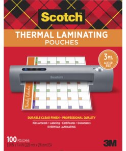 Scotch Thermal Laminating Pouches - Sheet Size Supported: Letter 3 mil Thickness - Laminating Pouch/Sheet Size: 9" Width x 11.50" Length x 3 mil Thickness - Glossy - for Document, Photo, Artwork, Certificate, Sign, Card, Schedule, Presentation, Phone List, Award, Calendar - Moisture Resistant, Photo-safe, Double Sided - Clear - 100 / Pack