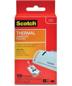 Scotch Thermal Laminating Pouches - Laminating Pouch/Sheet Size: 2.40" Width x 4.20" Length x 5 mil Thickness - Glossy - for ID Badge, Document, Photo, Lists, Card - Double Sided, Photo-safe - Clear - 100 / Pack