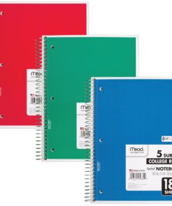 Mead 5-subject Spiral Notebook - 180 Sheets - Wire Bound - College Ruled - 7 1/2" x 10 1/2" - White Paper - Blue, Green, Red Cover - Divider, Compact, Subject - 1 Each
