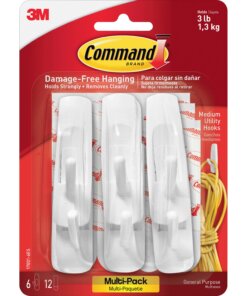 Command Medium Utility Hooks with Adhesive Strips - 3 lb (1.36 kg) Capacity - for Paint, Wood, Tile - White - 6 / Pack