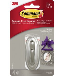 Command Medium Traditional Hook, Brushed Nickel - 3 lb (1.36 kg) Capacity - 3.1" Length - for Decoration, Indoor - Plastic - Metallic Silver - 1 / Pack
