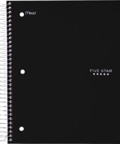 Five Star Wirebound Black 5-subject Notebook - 200 Sheets - Wire Bound - Wide Ruled - 3 Hole(s) - 8" x 10 1/2" - BlackPlastic Cover - Perforated, Water Resistant, Durable Cover, Resist Bleed-through, Easy Tear, Pocket Divider - 1 Each