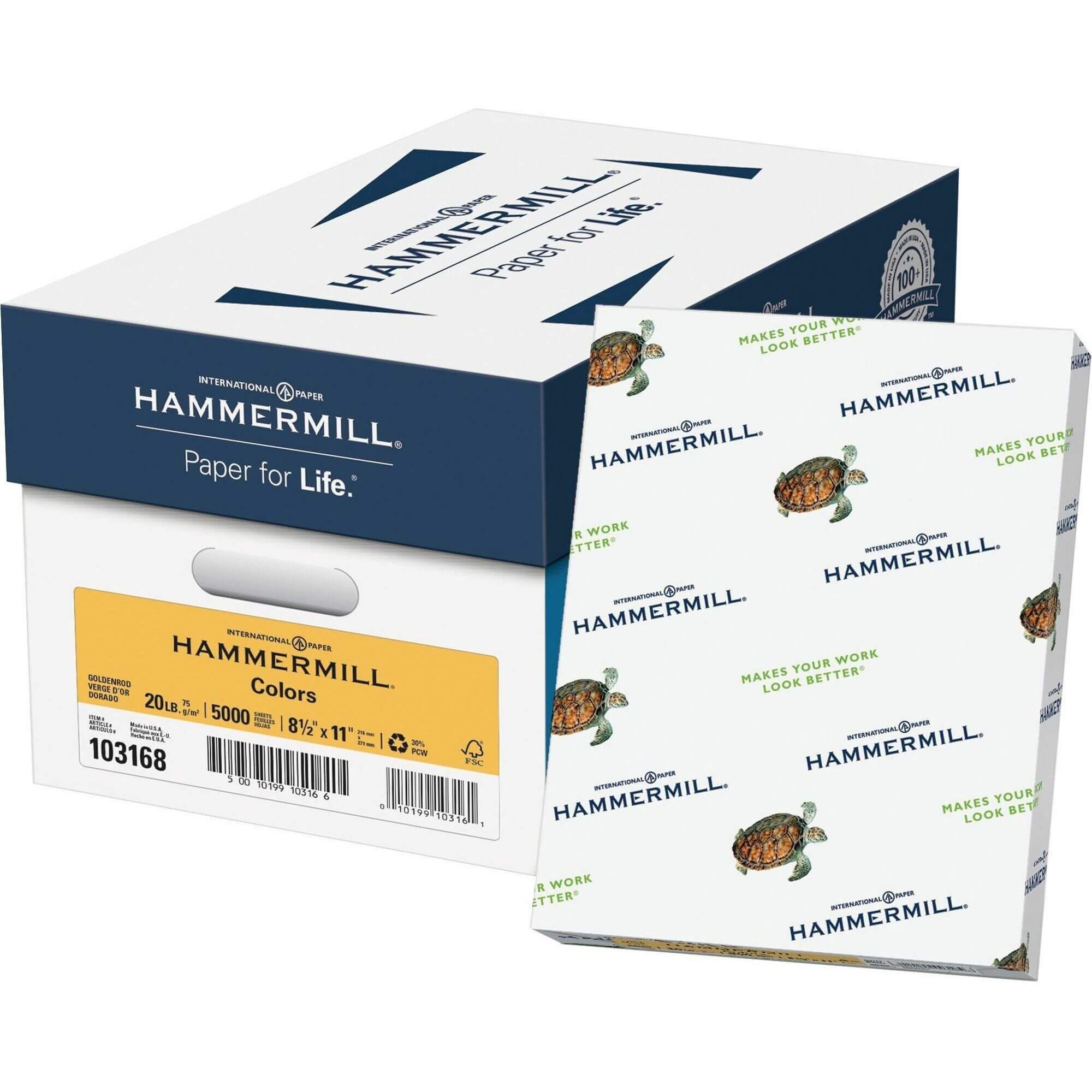 Hammermill Colors Recycled Copy Paper - Gold - Letter - 8 1/2" x 11" - 20 lb Basis Weight - Smooth - 5000 / Carton - FSC - Jam-free, Archival-safe, Acid-free