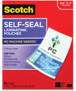 Scotch Self-Seal Laminating Pouches - Sheet Size Supported: Letter - Laminating Pouch/Sheet Size: 9" Width x 11.50" Length x 9.50 mil Thickness - Thick Gloss - for Document, Schedule, Presentation, Phone List, Certificate, Sign, Award, Calendar, Artwork - Acid-free, Self-sealing, Photo-safe, Double Sided - Clear - 25 / Pack