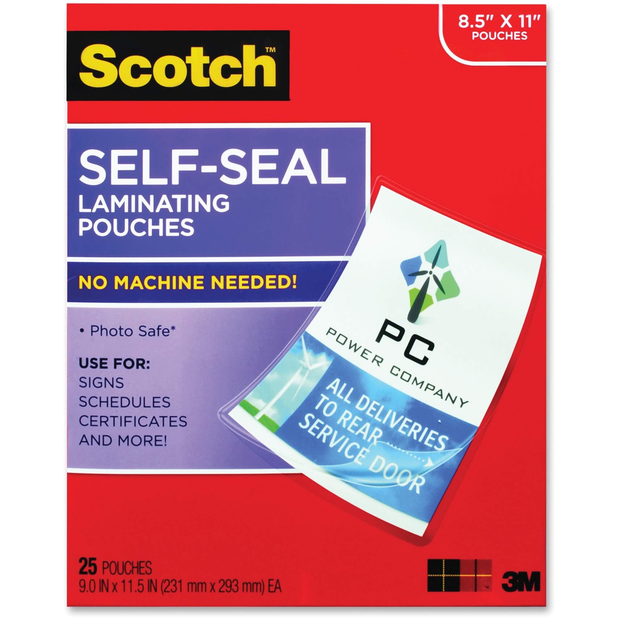 Scotch Self-Seal Laminating Pouches - Sheet Size Supported: Letter - Laminating Pouch/Sheet Size: 9" Width x 11.50" Length x 9.50 mil Thickness - Thick Gloss - for Document, Schedule, Presentation, Phone List, Certificate, Sign, Award, Calendar, Artwork - Acid-free, Self-sealing, Photo-safe, Double Sided - Clear - 25 / Pack