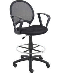 Boss Mesh Drafting Stool W/ Loop Arms - Black Mesh Fabric Seat - Black Mesh, Metal, Ballistic Nylon Back - 5-star Base - Armrest - 1 Each