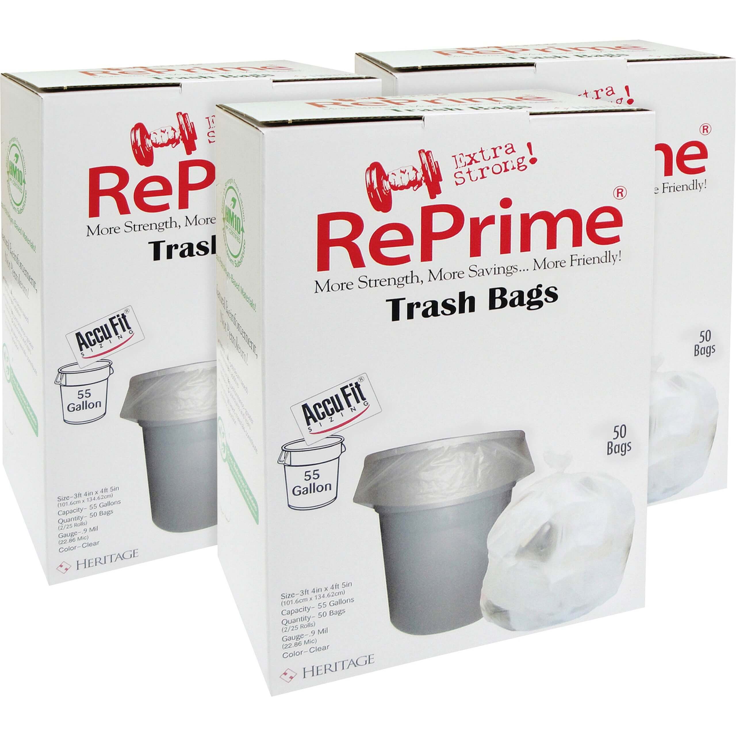 Heritage Accufit RePrime Can Liners - 55 gal Capacity - 40" Width x 53" Length - 0.90 mil (23 Micron) Thickness - Low Density - Clear - Linear Low-Density Polyethylene (LLDPE) - 3/Carton - 50 Per Box - Garbage