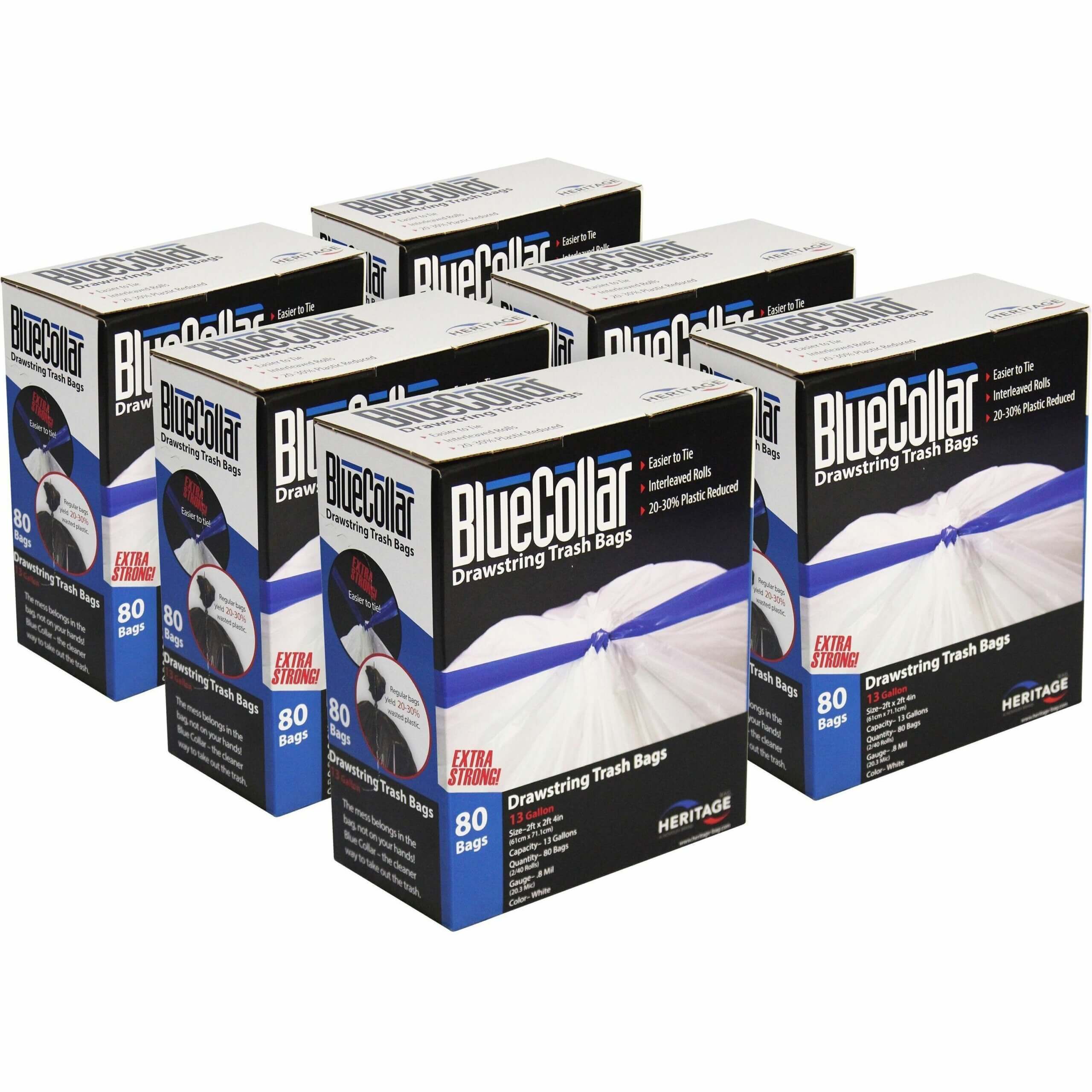 BlueCollar 13-gallon Drawstring Trash Bags - 13 gal Capacity - 24" Width x 28" Length - 0.80 mil (20 Micron) Thickness - White - 6/Carton - 80 Per Box - Garbage