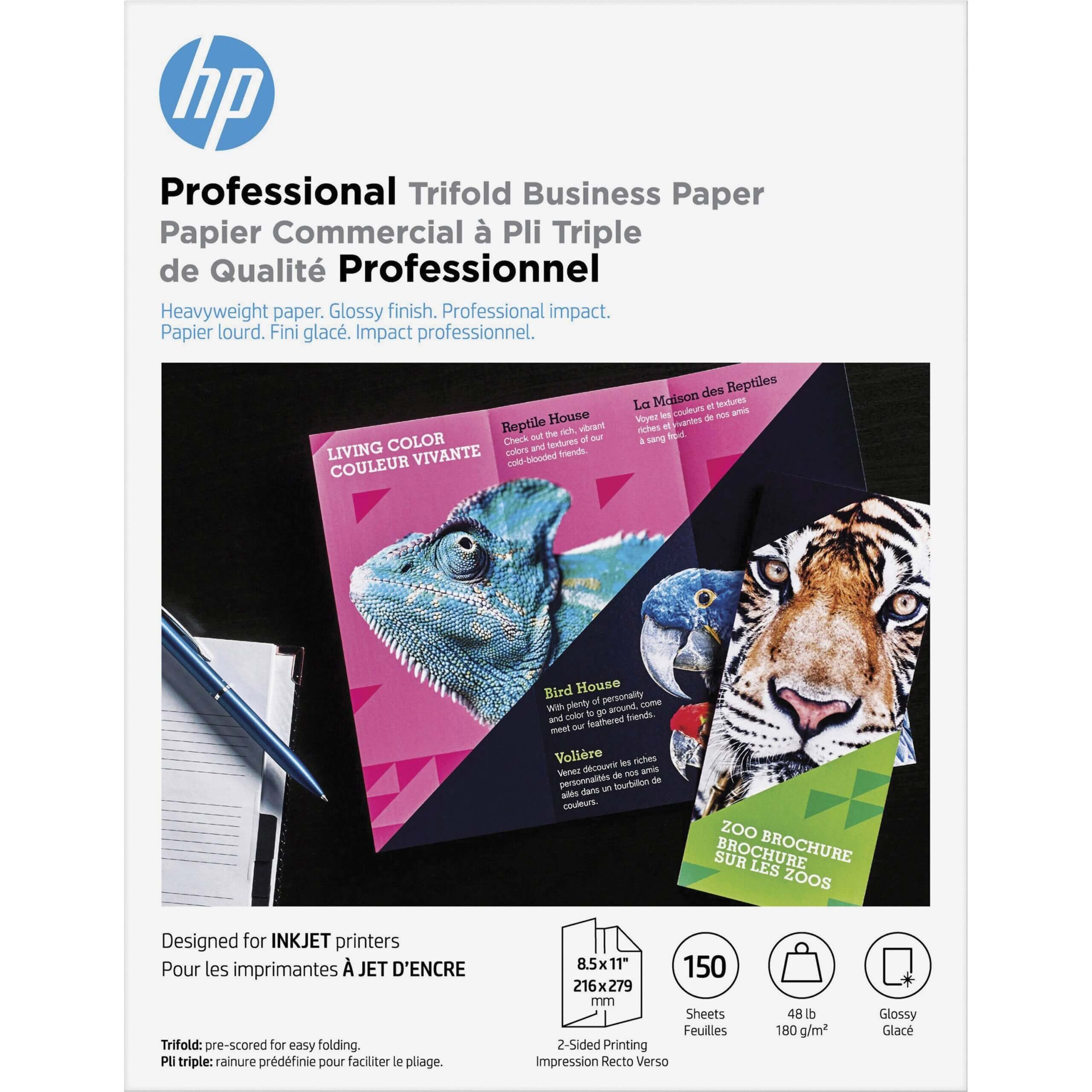 HP Professional Trifold Business Paper - White - Letter - 8 1/2" x 11" - 48 lb Basis Weight - 180 g/m² Grammage - Glossy - 150 / Pack