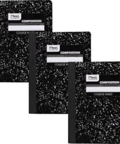 Mead College Ruled Comp Book - 100 Sheets - Sewn - 9 3/4" x 7 1/2" - 9" x 7" x 0.5" - White Paper - Black Marble Cover - Multiplication Table, Conversion Table, Sturdy Cover, Class Schedule - 3 / Pack